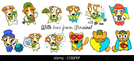 Set of cartoon stickers with animal heroes of the Ukrainian War.  Stock Vector