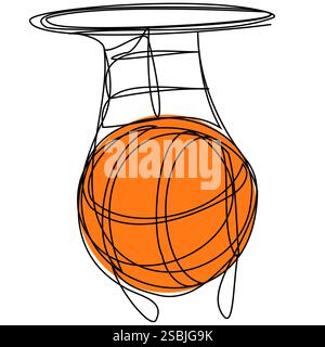 One line Orange basketball ball in the ring on a white background.  Stock Vector