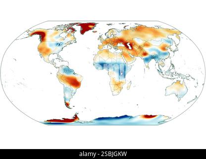 This data map shows where the planet's surface mass in August 2020 deviated from the average for all months between 2004 and 2009. Areas of red and orange indicate where Earth's surface mass declined, mostly due to changes in the amount of water, including snow and ice. Blue areas show where mass grew. Note that the most dramatic changes are focused in the ice-rich areas of West Antarctica, Greenland, and southeast Alaska. Map based on GRACE and GRACE-FO satellite data. Stock Photo