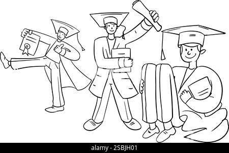 Cheerful students in a linear doodle style on a white background.  Stock Vector