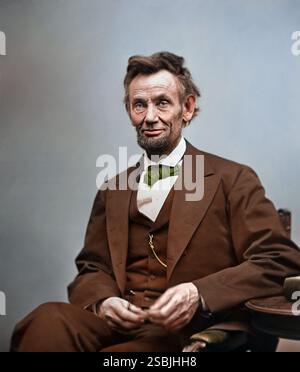 Photograph from the last formal portrait sitting, February 5, 1865, in Washington, D.C. One of five poses taken by Alexander Gardner ten weeks before the President was assassinated. Abraham Lincoln (1809 - 1865) was the 16th American President. He issued his Emancipation Proclamation in 1863 and promoted the passage of the Thirteenth Amendment to the Constitution, abolishing slavery. Colorized. Stock Photo