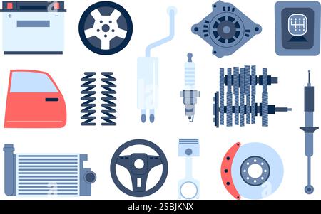 Auto spare parts flat. Isolated mechanical repaire elements for cars. Automotive spares, cars assembly equipment and components, recent vector set Stock Vector