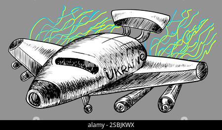 A sketch with a Ukrainian unmanned aerial vehicle. Stock Vector