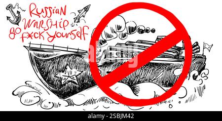 Crossed out Russian military ship on a white background.  Stock Vector