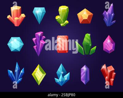 Different crystal gems. Jewelry stones, natural colorful shine minerals. Game assets icons, decorative crystals and gemstones. Nowaday vector clipart Stock Vector