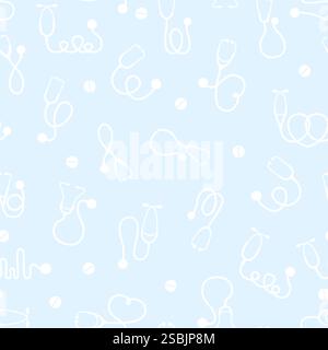 Medical seamless pattern with stethoscopes and white pills. Hospital textile print design, wrapping or covers. Medicine, healthcare, pharma vector Stock Vector