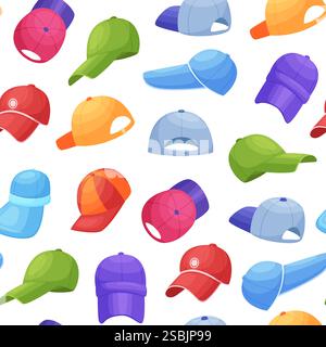 Baseball caps seamless pattern. Sporty head accessories, workout headwear. Cartoon colorful cap for sport training. Fabric print design, nowaday Stock Vector