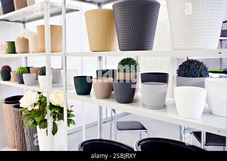 Plastic plant pots in store Stock Photo
