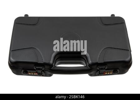 A black hard-shell briefcase with a textured surface, featuring a central handle and two combination locks, isolated on a white background, ideal for Stock Photo