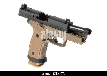 A modern semi-automatic handgun with a tan grip and black slide, featuring a threaded barrel and tactical rail, isolated on a white background. Stock Photo