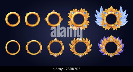 Game level frames. Golden circle borders, user avatar gaming rank progress gold ring ui asset round button medieval fantasy rpg decor levels up frame, swanky vector illustration original artwork Stock Vector