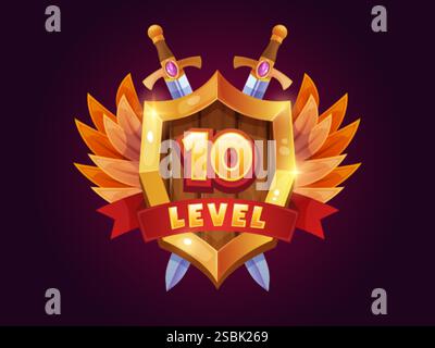 Game victory shield. Gamer win or level achievement sign logo banner in medieval fantasy rpg game, knight shield winner rank badge mobile app ui, cartoon swanky vector illustration original artwork Stock Vector