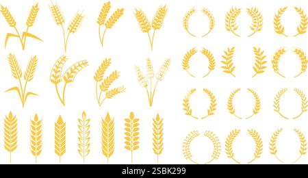 Wheat grains wreath. Barley ears, rye spike rice stalk or laurel wreaths beer logo heraldic symbol round frame for bakery bread label emblem farm harvest, neat vector illustration original artwork Stock Vector