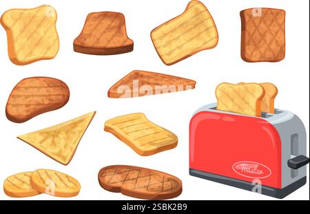 Bread toasts slices. Rye or wheat bread toast for sandwich french breakfast, loaf square toaster slice sandwiches pastry bakery products pieces cartoon set neat vector illustration original artwork Stock Vector