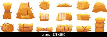 Cartoon haystacks. Hay of bale, dried straw stack farm wheat baling thatch pile roll fodder hayrick with pitchfork rural harvest farming set for ranch, swanky vector illustration original artwork Stock Vector