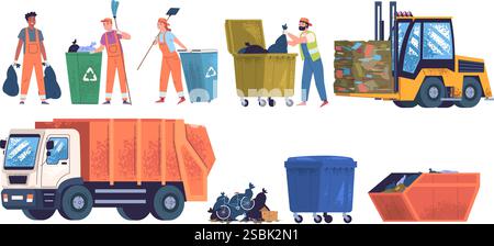 Garbage service workers. Rubbish management workers, janitors city cleaning company dustman collector collect and sorting trash waste bin in track, set classy vector illustration original artwork Stock Vector