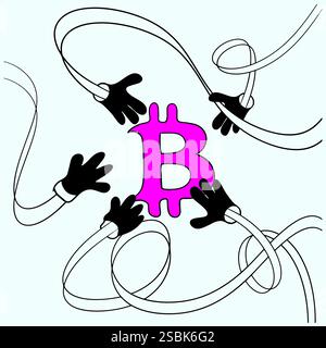 Black gloved hands reach for bitcoin from different directions. Vector cartoon illustration. Stock Vector