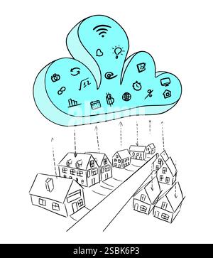 Cloud technologies in everyday life. Transmission, exchange of data. Freehand drawing. Vector illustration. Stock Vector