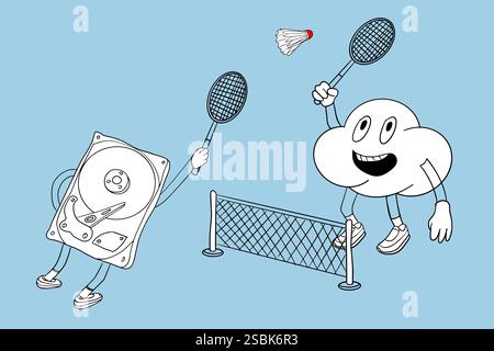Caricature image of cloud storage playing badminton with hard drive. Vector illustration. Stock Vector