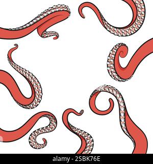 Set of color illustrations with octopus tentacles. Isolated vector objects on white background. Stock Vector