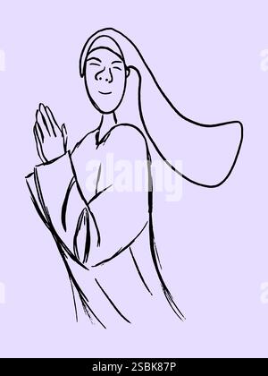 Nun holding palms together, freehand drawing style. Minimalist vector illustration on a gray background. Stock Vector