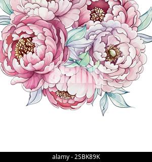 Delicate peonies in various shades of pink and white bloom gracefully among lush green leaves, creating a serene floral composition template Stock Vector