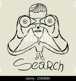 A man looks through binoculars. Freehand Drawing Style Vector Illustration on Gray Background. Stock Vector