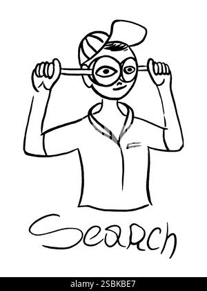 A person holds two magnifying glasses in his hands and looks through them. In the style of freehand drawing. Vector illustration on a gray background. Stock Vector