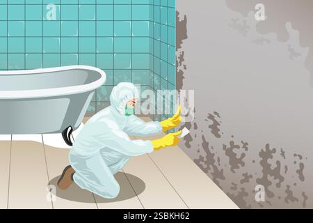 A vector illustration of Bathroom Mold Remover Worker Stock Vector