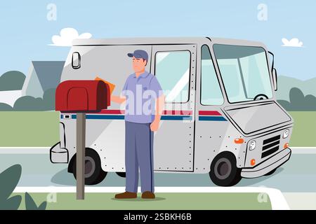 A vector illustration of Mailman Delivering Mails in a Mailbox Stock Vector