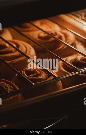 Baking Cinnamon Rolls in Oven Stock Photo