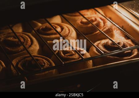 Freshly Baked Cinnamon Rolls in the Oven Stock Photo