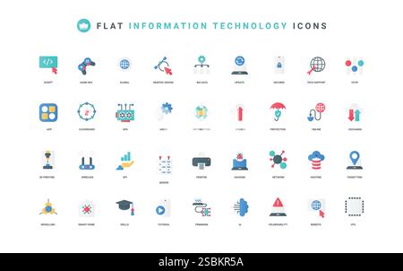 Information technology, network cybersecurity and tech support with AI, hardware color icon set. Server hosting, software code and game development, data exchange flat elements vector illustration Stock Vector