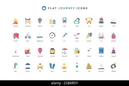 Travel and journey, tourism activity and summer adventure of tourist, camping color icon set. Photography of ancient ruins and transport for cruise, backpack flat elements vector illustration Stock Vector