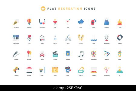 Recreation, entertainment and leisure on weekends, free time color icon set. Hobby and gaming activities, shopping and sports, gambling and beach vacation, pool party flat elements vector illustration Stock Vector