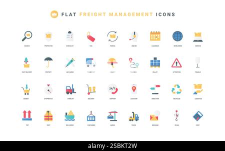 Logistics and storage in warehouse, cargo delivery with freight transport, airmail color icon set. Safety of parcel, airplane and ship, truck and fork Stock Vector