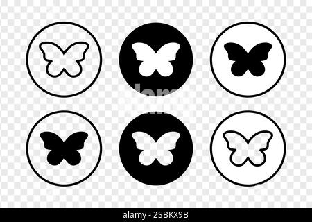 Round buttons with monarch or chameleon butterfly silhouette on transparent background. Flying insects icons. Vector graphic illustration. Stock Vector