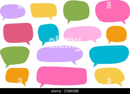Set of cute speech bubbles templates in doodle style. Colorful dialogue balloons, text boxes, quote frames, conversation tags, thoughts labels isolated on white background. Vector flat illustration. Stock Vector