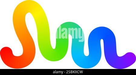Multicolored curvy line isolated on white background. Cool colorful squiggle, wavy stripe, rainbow colored curve. Organic doodle figure with gradient effect. Vector illustration. Stock Vector
