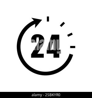 24 hours icon. All day vector. Number twenty four mark. Black circular arrow. Stock Vector