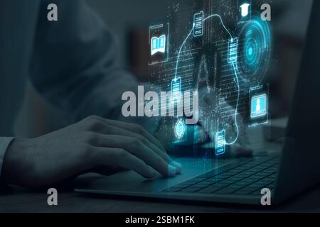 Artificial intelligence. Man using laptop at table, closeup. Scheme with AI and other icons over computer. Toned in blue Stock Photo