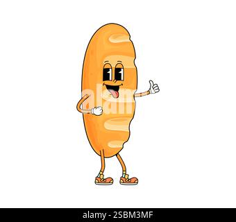 Funny groovy bread character or bagel bun with funny face, vector comic cartoon bakery emoji. Groovy bread loaf with happy smile and silly tongue out Stock Vector