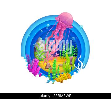 Paper cut underwater landscape with jellyfish, seaweeds, corals and ...