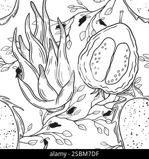 This detailed line art showcases tropical fruits and lush leaves, perfect for coloring enthusiasts of all ages. Hand drawn vector black-and-white graphics in line art for printing on paper and fabric. Stock Vector
