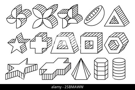 Geometrics shape lines element polygonal trapezoid stars florals petals box block crosses hemisphere tube cylinder prism triangle distort outline Stock Vector
