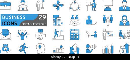 Business icon set. Business team, meeting, partnership, startup, planning, company, management, profit and successful key icons. Set icons vector coll Stock Vector