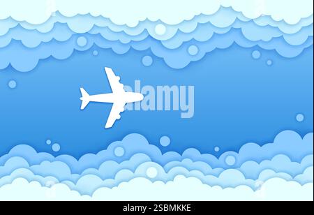 Top view of paper cut plane in sky clouds. Vector papercut airplane flying in clear blue sky surrounded by white 3d cloudy frame conveys sense of trav Stock Vector