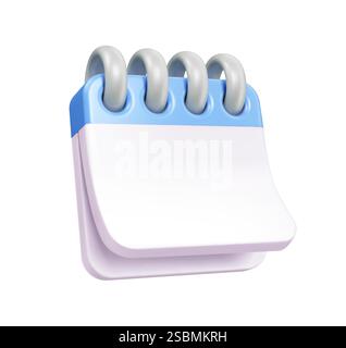 3D render event planner calendar icon. Isolated vector spiral bound notepad, meeting and dates reminder with blue binding and white slight curl page. Stock Vector