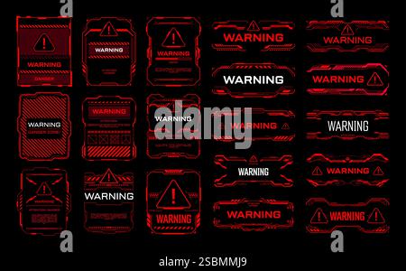 Red warning danger HUD interface frames. Vector alert, attention notification, caution, futuristic ski fi UI signs and elements in modern technology s Stock Vector