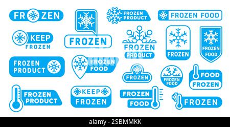 Cold frozen product labels, icons of ice crystal. Blue badges or stickers set with snowflakes, frost and thermometer symbols. Labels for packaging or Stock Vector